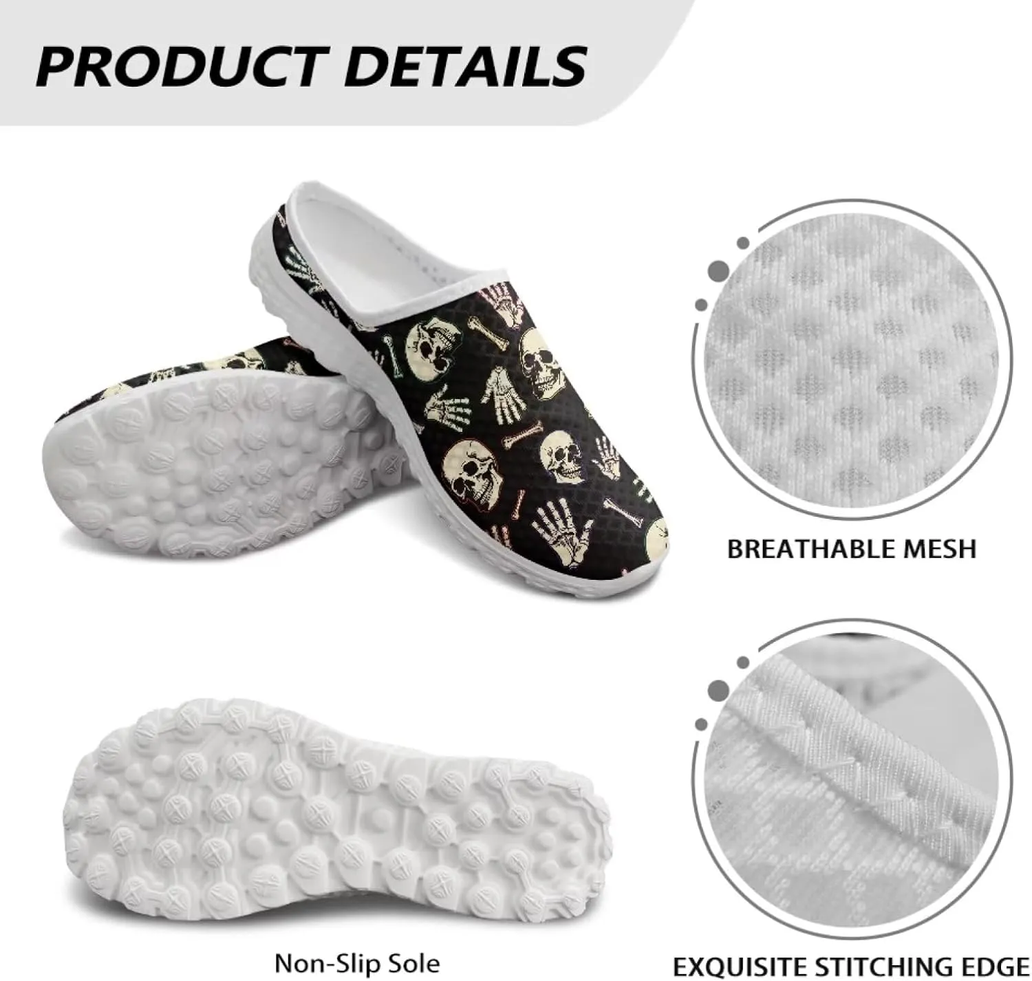 Skull Print Mule Sneakers for Women Breathable Loafers Low Top Garden Shoes Arch Support Mesh Flats Shoes