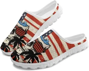 Skull Print Mule Sneakers for Women Breathable Loafers Low Top Garden Shoes Arch Support Mesh Flats Shoes