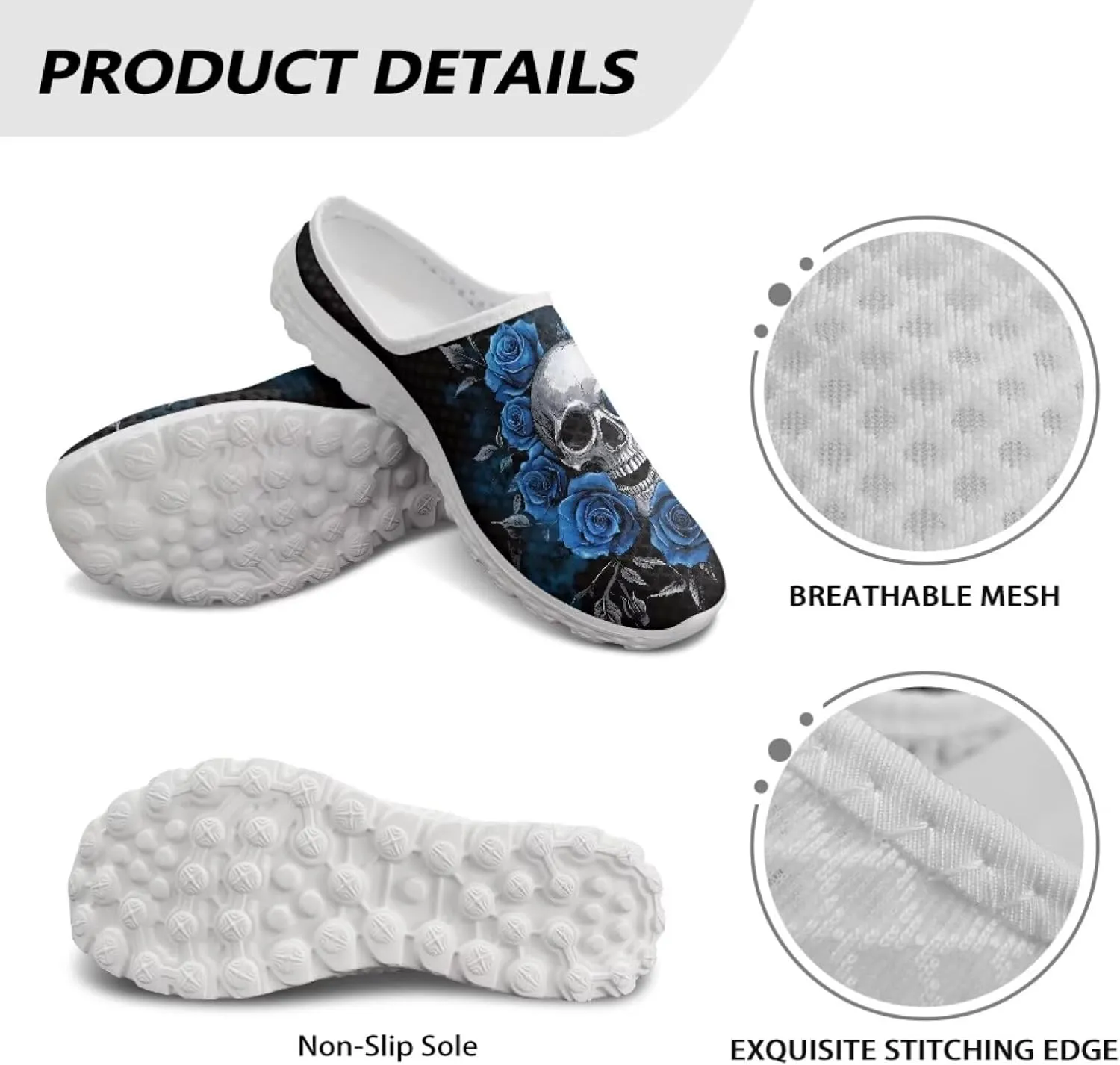Skull Print Mule Sneakers for Women Breathable Loafers Low Top Garden Shoes Arch Support Mesh Flats Shoes