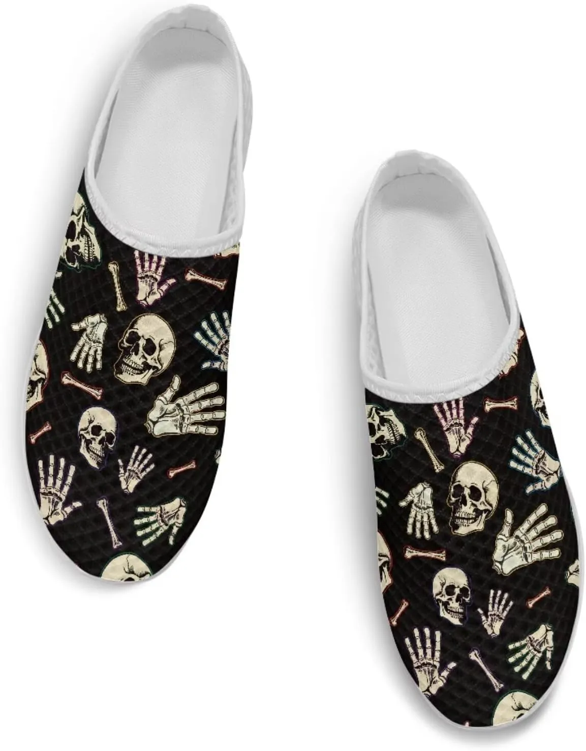 Skull Print Mule Sneakers for Women Breathable Loafers Low Top Garden Shoes Arch Support Mesh Flats Shoes