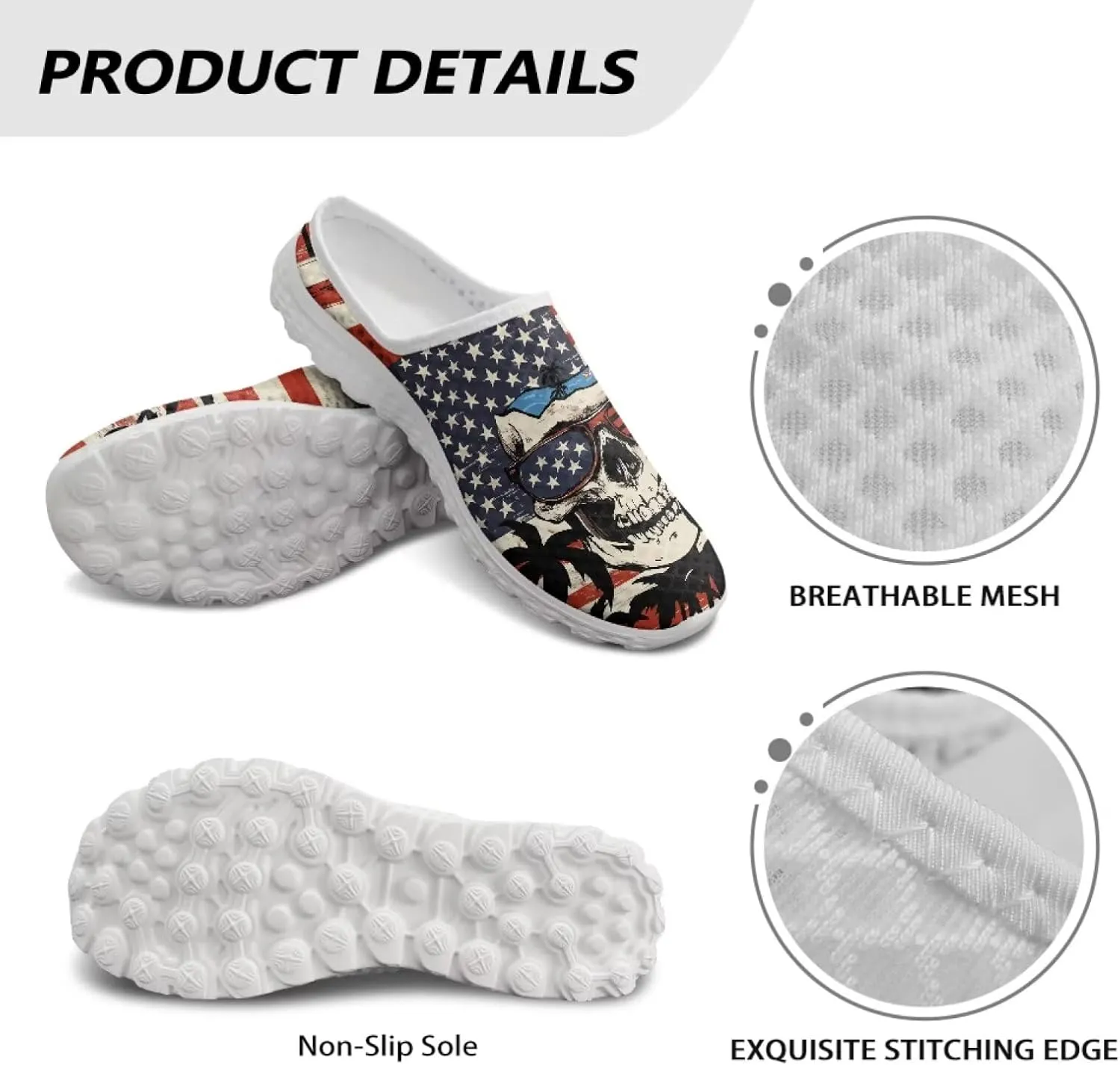 Skull Print Mule Sneakers for Women Breathable Loafers Low Top Garden Shoes Arch Support Mesh Flats Shoes