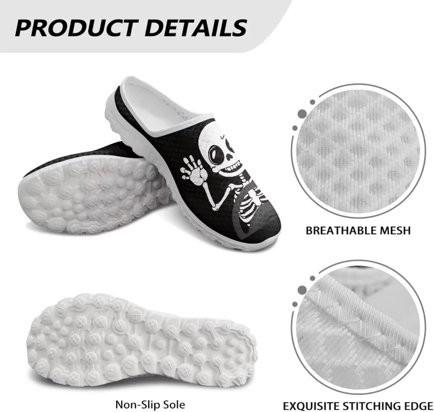 Skull Print Mule Sneakers for Women Breathable Loafers Low Top Garden Shoes Arch Support Mesh Flats Shoes