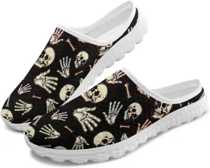 Skull Print Mule Sneakers for Women Breathable Loafers Low Top Garden Shoes Arch Support Mesh Flats Shoes