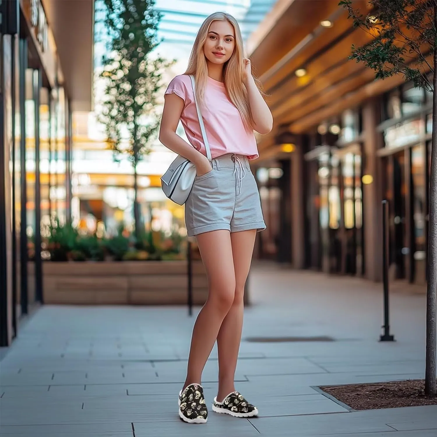 Skull Print Mule Sneakers for Women Breathable Loafers Low Top Garden Shoes Arch Support Mesh Flats Shoes