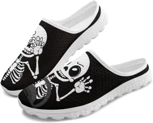 Skull Print Mule Sneakers for Women Breathable Loafers Low Top Garden Shoes Arch Support Mesh Flats Shoes