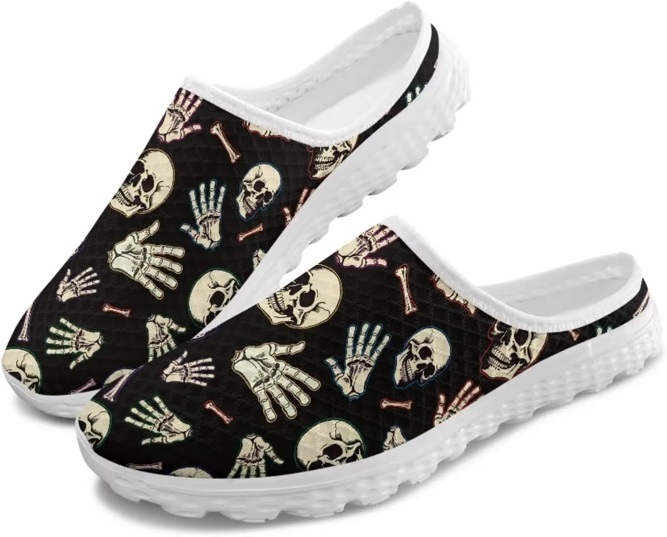Skull Print Mule Sneakers for Women Breathable Loafers Low Top Garden Shoes Arch Support Mesh Flats Shoes