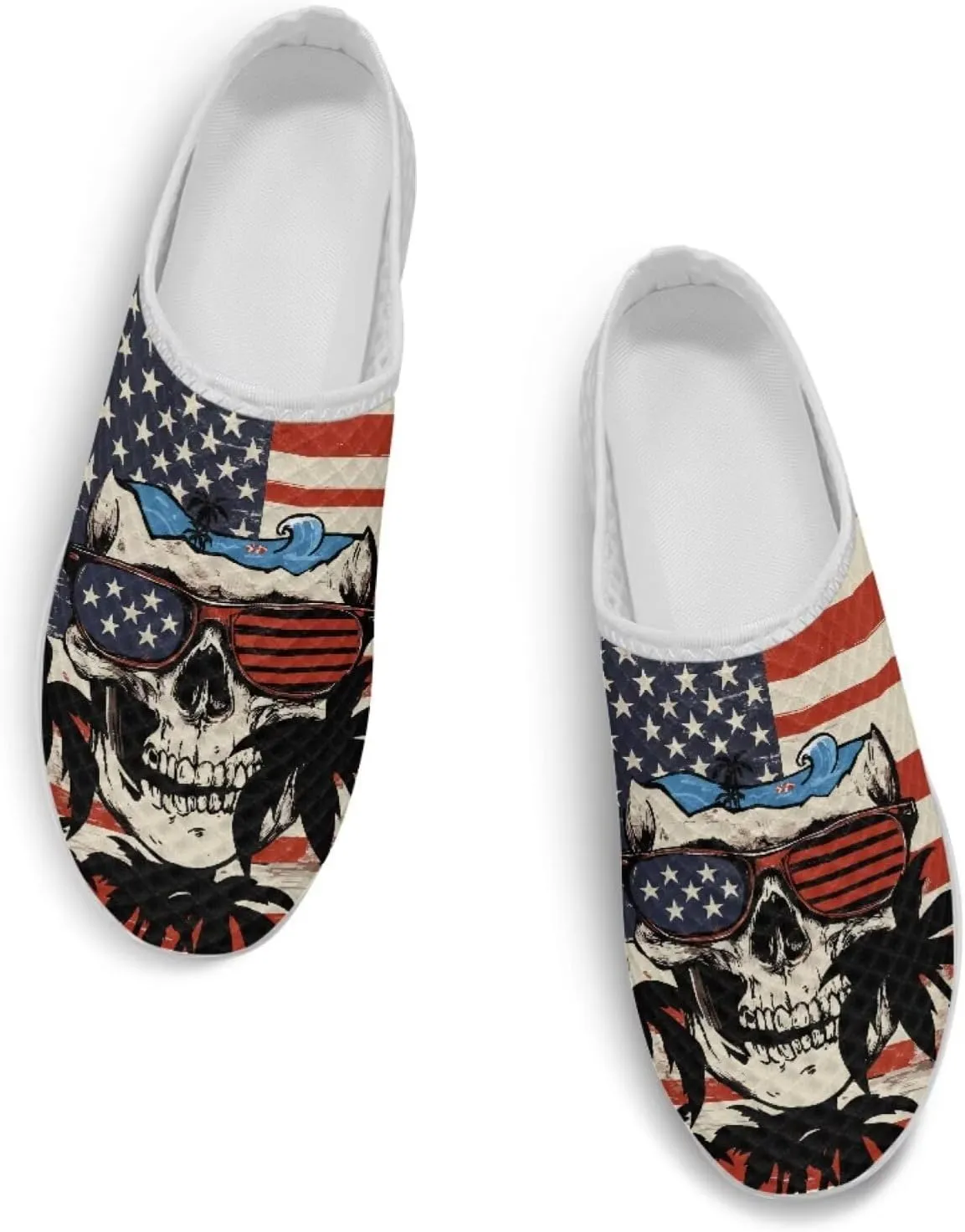 Skull Print Mule Sneakers for Women Breathable Loafers Low Top Garden Shoes Arch Support Mesh Flats Shoes