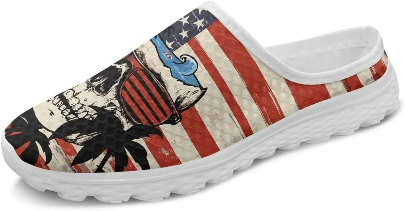 Skull Print Mule Sneakers for Women Breathable Loafers Low Top Garden Shoes Arch Support Mesh Flats Shoes
