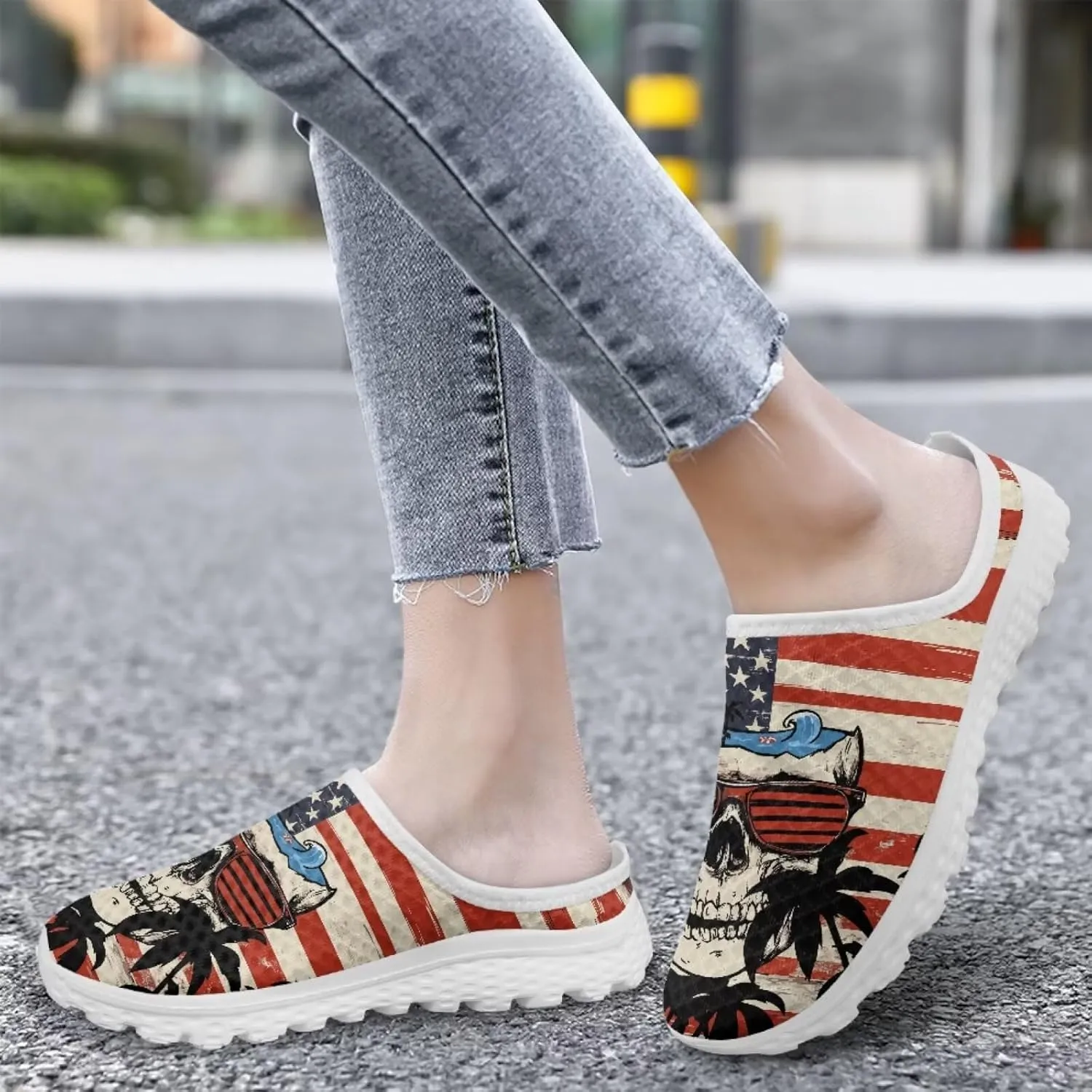 Skull Print Mule Sneakers for Women Breathable Loafers Low Top Garden Shoes Arch Support Mesh Flats Shoes