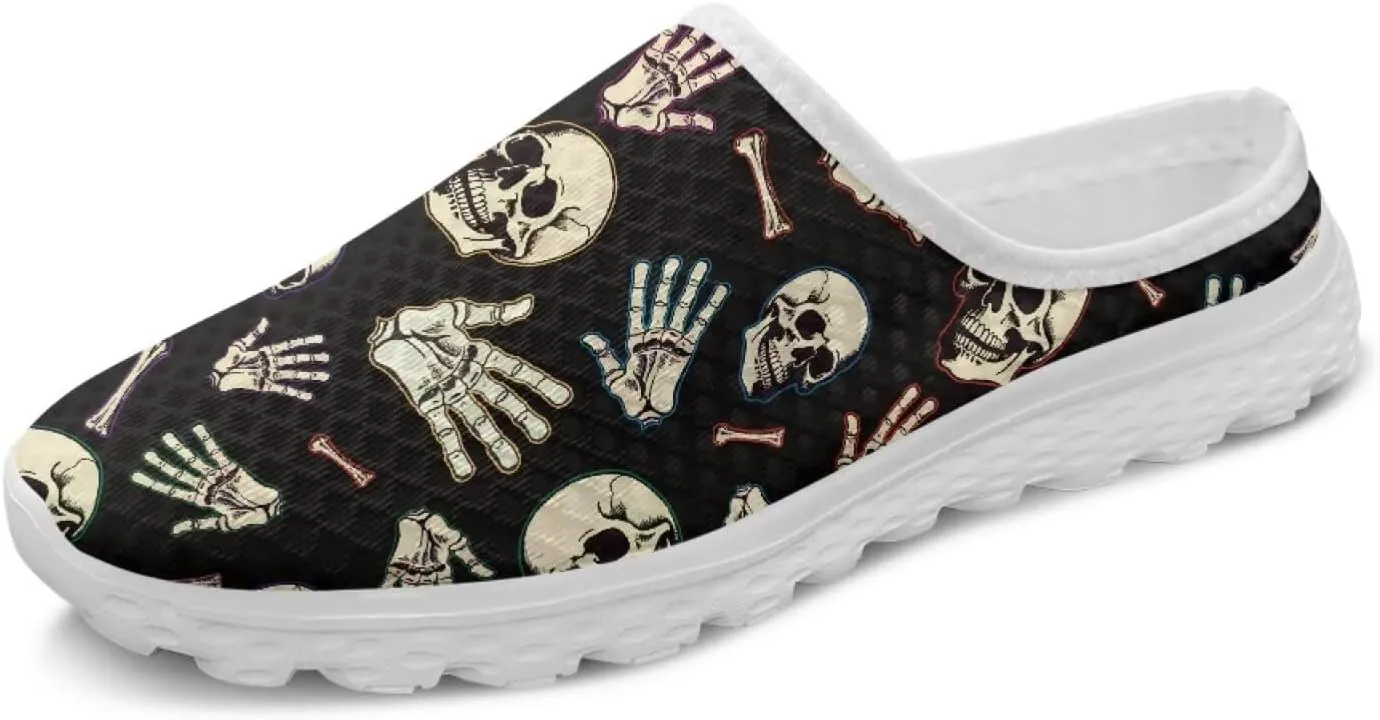 Skull Print Mule Sneakers for Women Breathable Loafers Low Top Garden Shoes Arch Support Mesh Flats Shoes