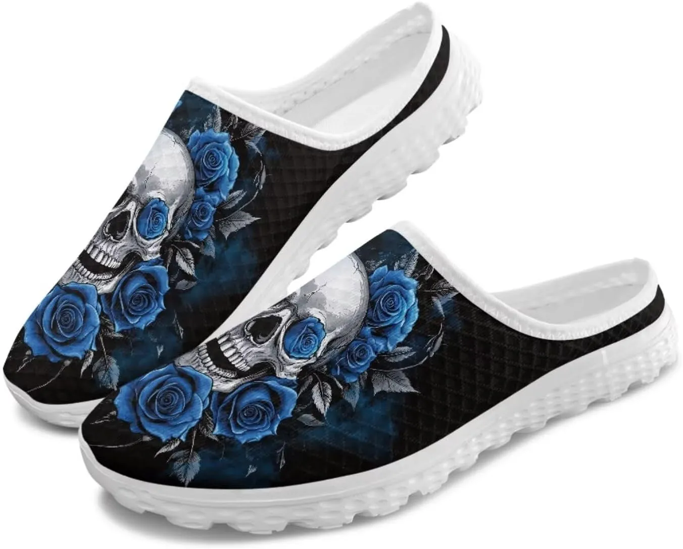 Skull Print Mule Sneakers for Women Breathable Loafers Low Top Garden Shoes Arch Support Mesh Flats Shoes