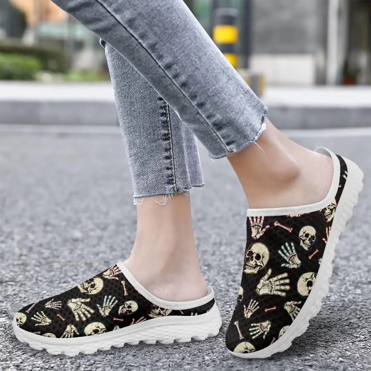 Skull Print Mule Sneakers for Women Breathable Loafers Low Top Garden Shoes Arch Support Mesh Flats Shoes