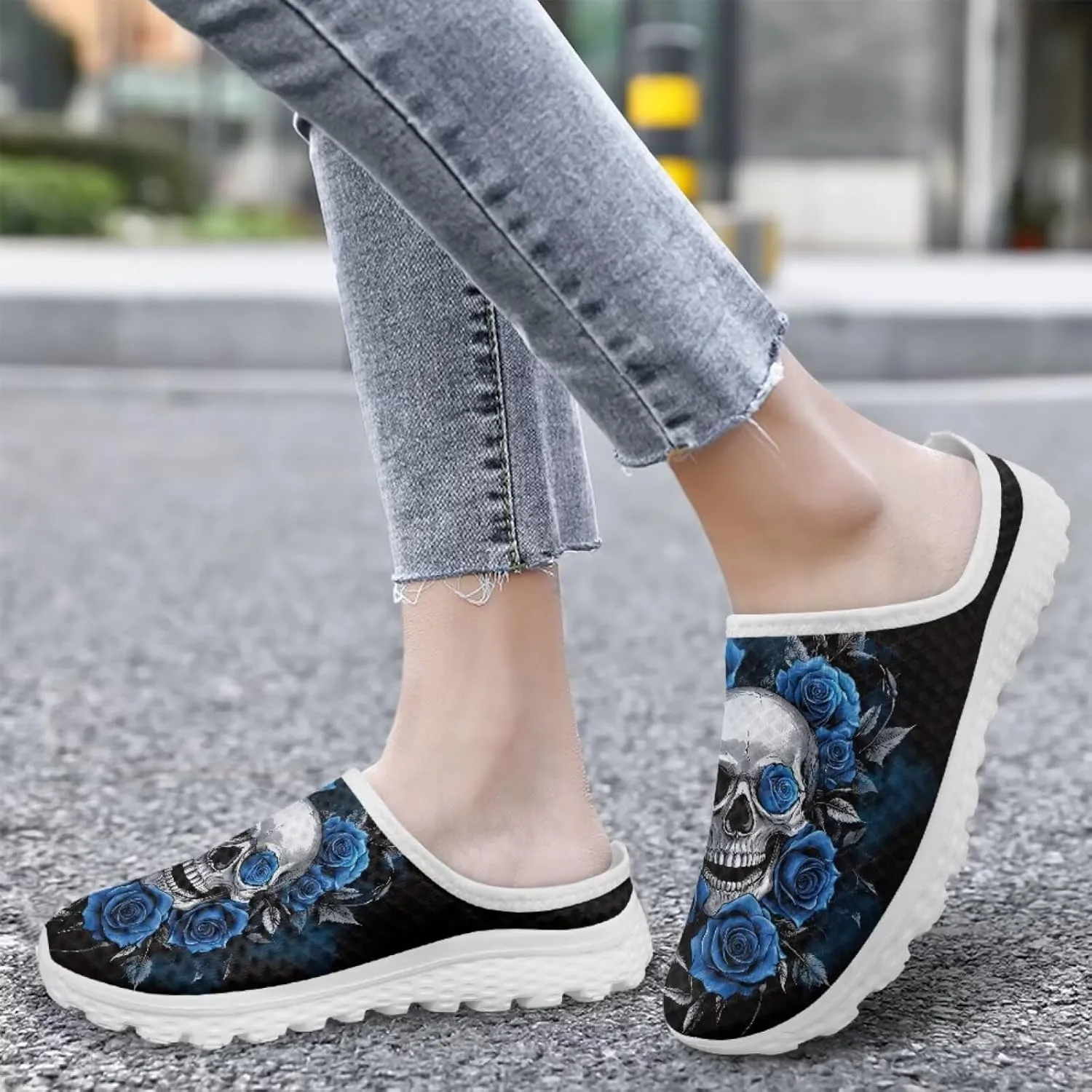 Skull Print Mule Sneakers for Women Breathable Loafers Low Top Garden Shoes Arch Support Mesh Flats Shoes