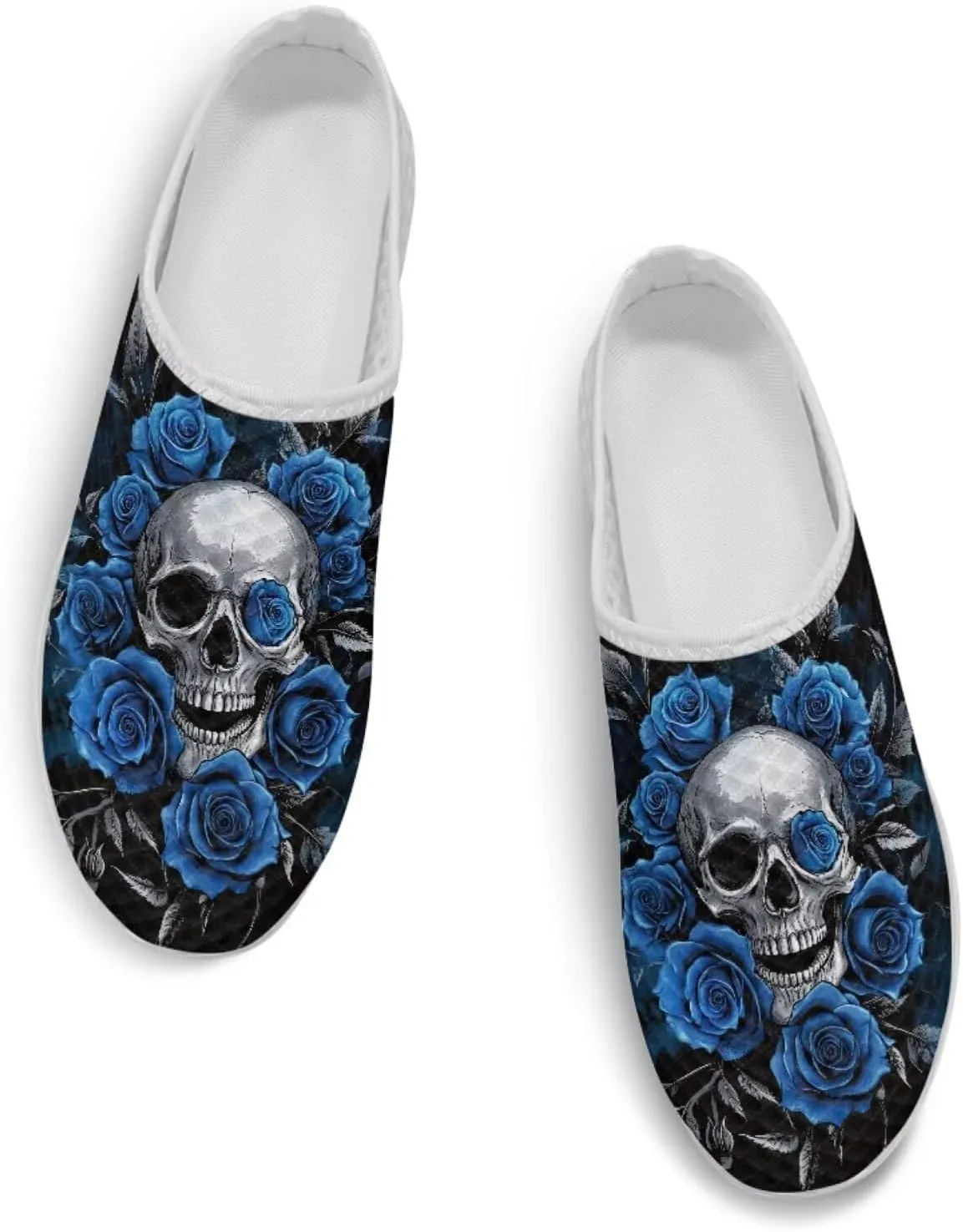 Skull Print Mule Sneakers for Women Breathable Loafers Low Top Garden Shoes Arch Support Mesh Flats Shoes