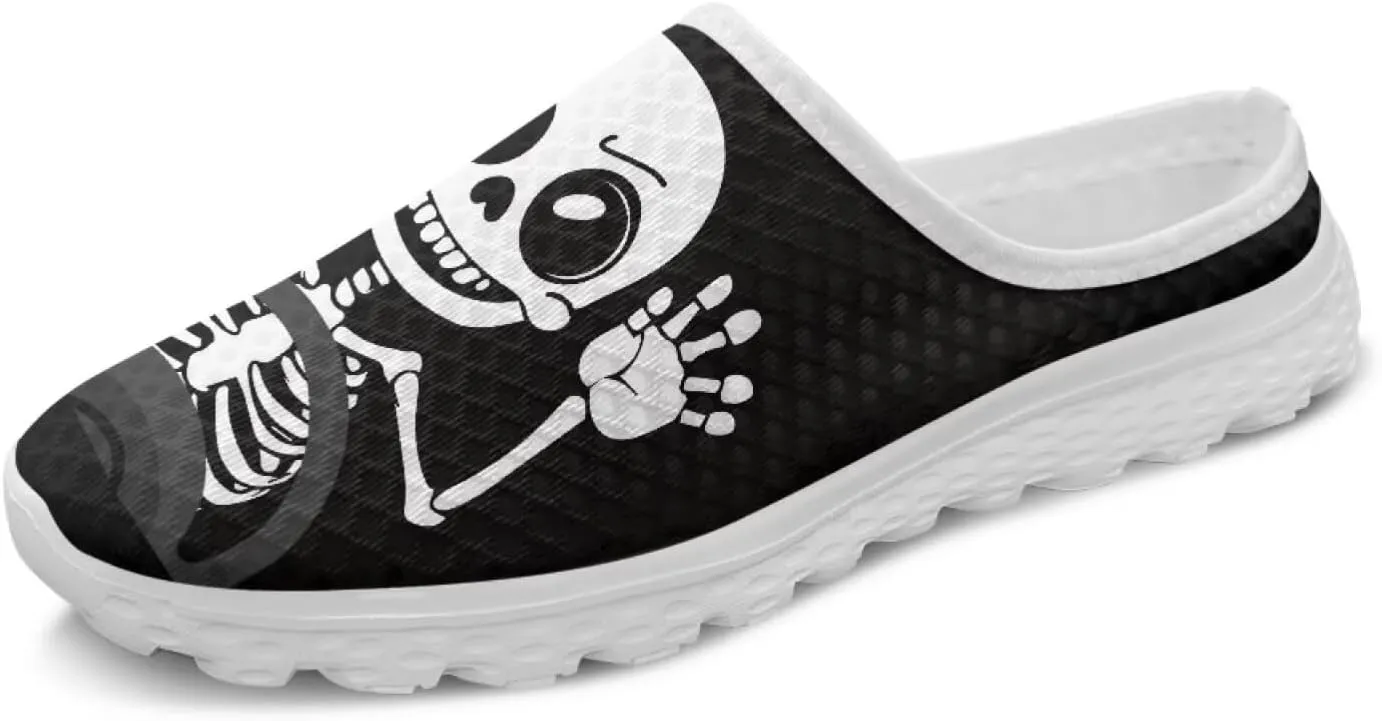 Skull Print Mule Sneakers for Women Breathable Loafers Low Top Garden Shoes Arch Support Mesh Flats Shoes