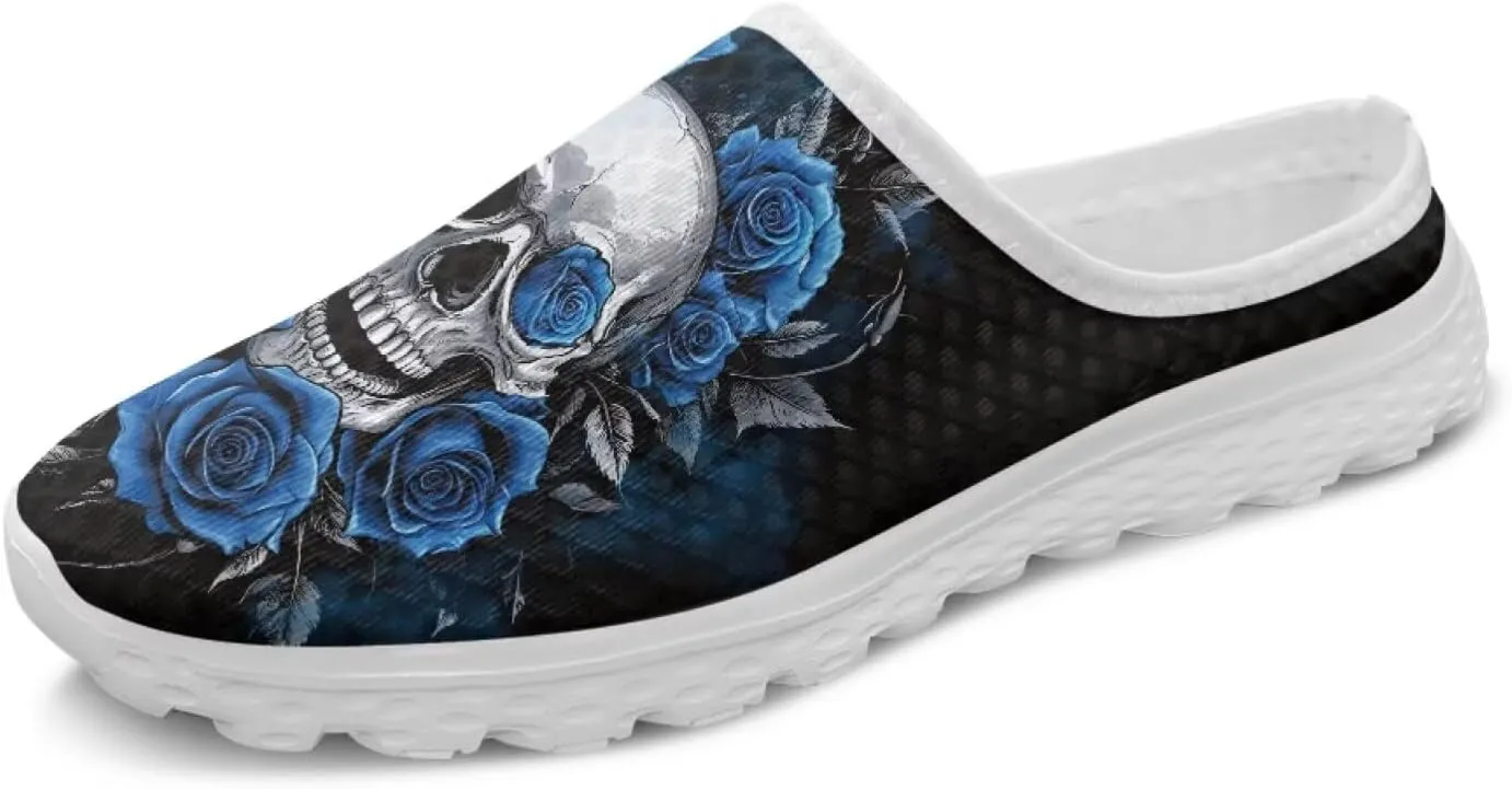 Skull Print Mule Sneakers for Women Breathable Loafers Low Top Garden Shoes Arch Support Mesh Flats Shoes