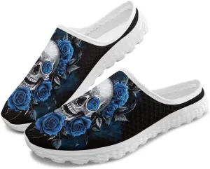 Skull Print Mule Sneakers for Women Breathable Loafers Low Top Garden Shoes Arch Support Mesh Flats Shoes