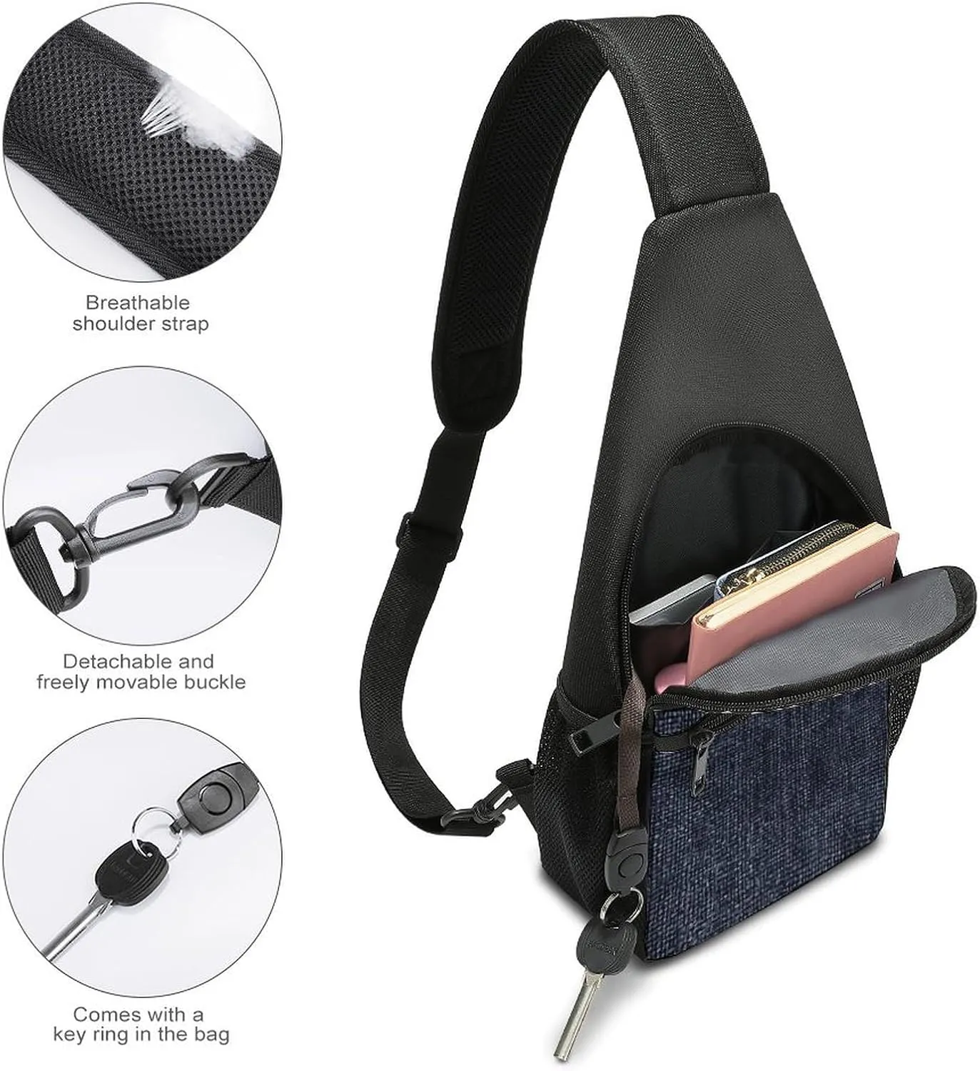 Sling Backpack for Women Men Crossbody Chest Bag Travel Dark Blue Denim Daypack Shoulder Bag for Hiking