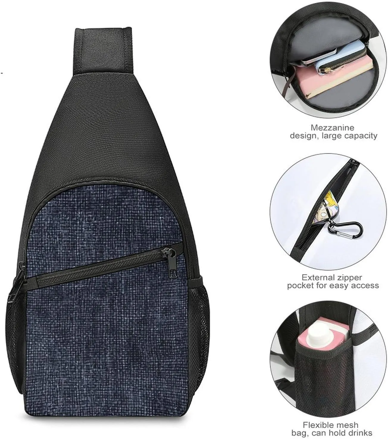 Sling Backpack for Women Men Crossbody Chest Bag Travel Dark Blue Denim Daypack Shoulder Bag for Hiking