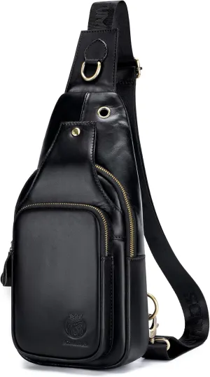 Sling Bag for Men Genuine Leather Small Crossbody Bag Men Casual Chest Bag Sling Backpack with USB Cable Hole, Black