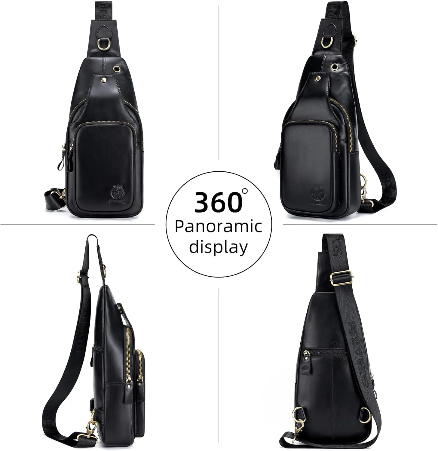 Sling Bag for Men Genuine Leather Small Crossbody Bag Men Casual Chest Bag Sling Backpack with USB Cable Hole, Black