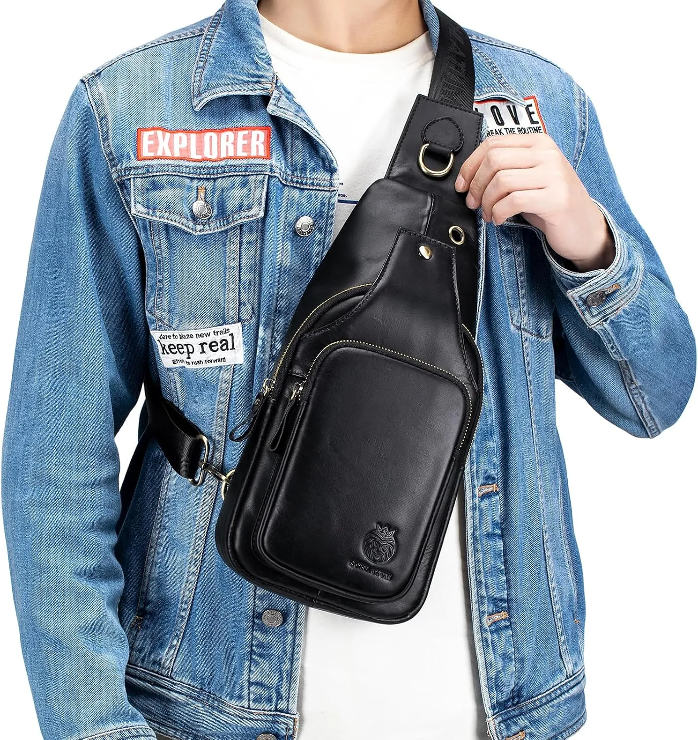 Sling Bag for Men Genuine Leather Small Crossbody Bag Men Casual Chest Bag Sling Backpack with USB Cable Hole, Black