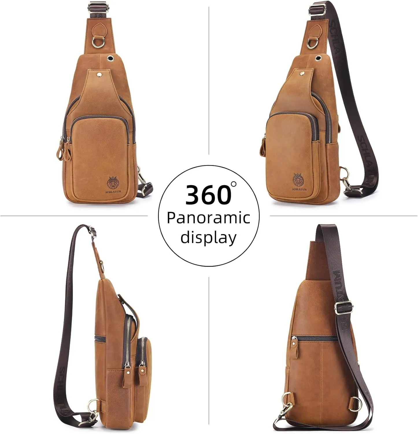Sling Bag for Men Genuine Leather Small Crossbody Bag Men Casual Chest Bag Sling Backpack with USB Cable Hole, Brown