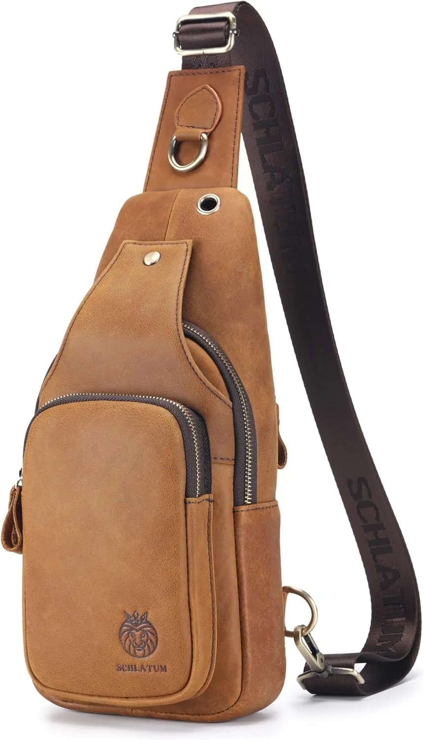 Sling Bag for Men Genuine Leather Small Crossbody Bag Men Casual Chest Bag Sling Backpack with USB Cable Hole, Brown