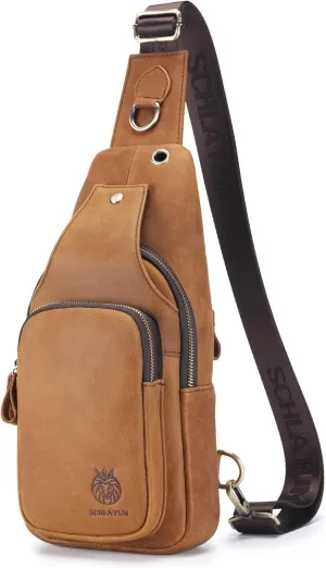 Sling Bag for Men Genuine Leather Small Crossbody Bag Men Casual Chest Bag Sling Backpack with USB Cable Hole, Brown