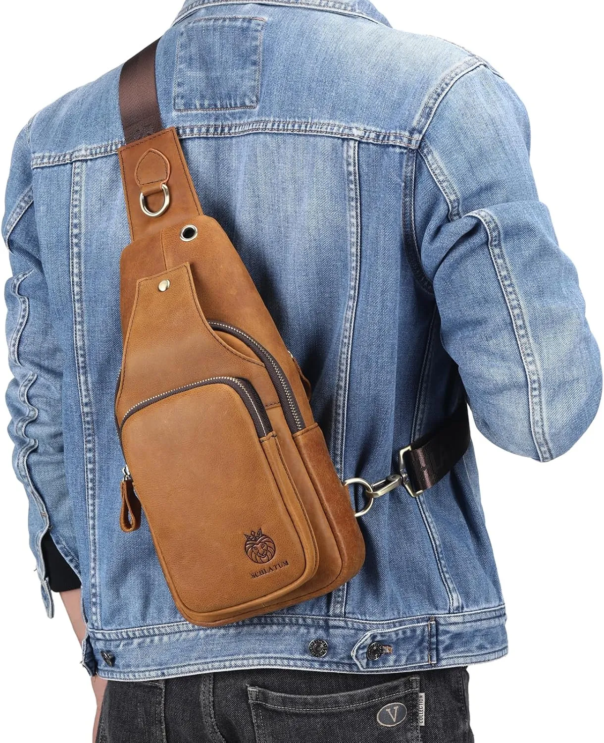 Sling Bag for Men Genuine Leather Small Crossbody Bag Men Casual Chest Bag Sling Backpack with USB Cable Hole, Brown