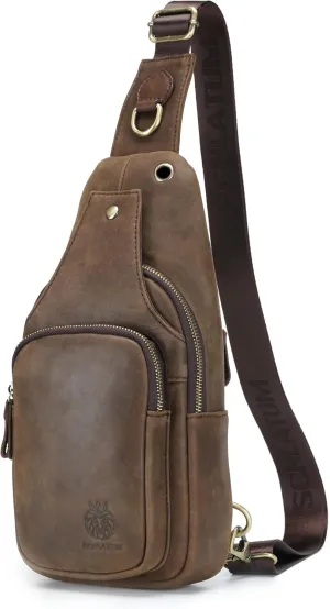 Sling Bag for Men Genuine Leather Small Crossbody Bag Men Casual Chest Bag Sling Backpack with USB Cable Hole, Coffee