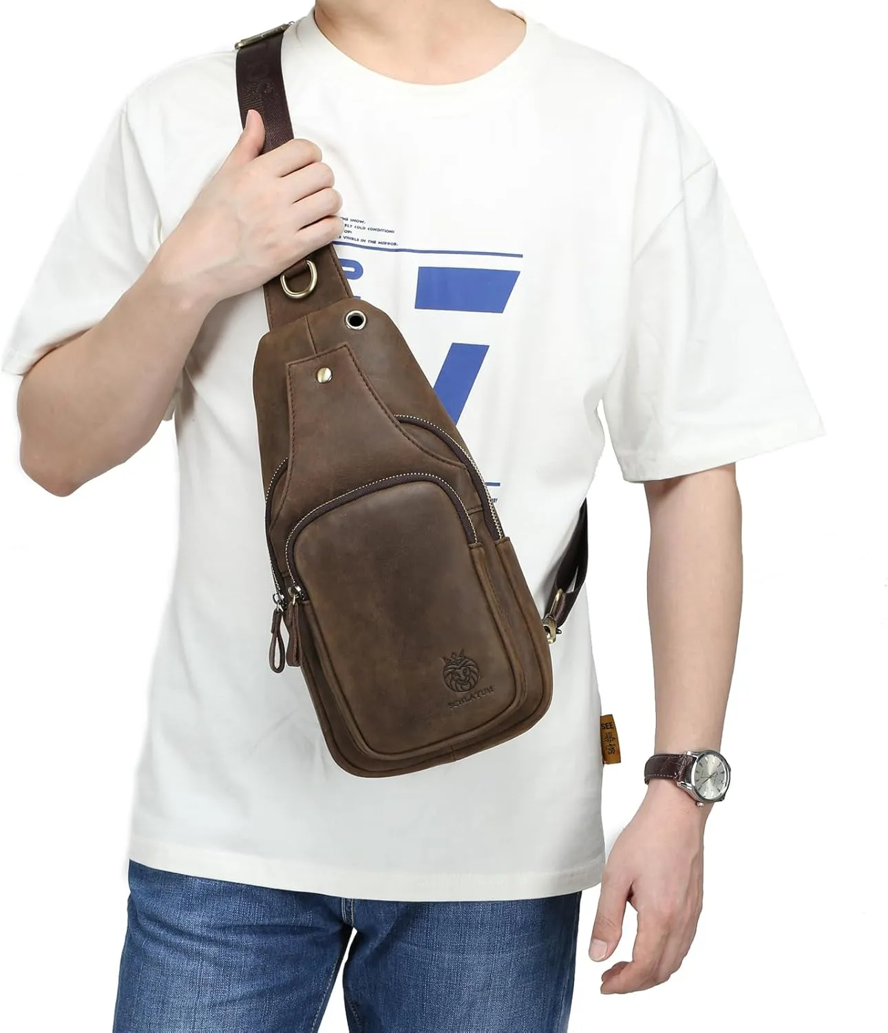 Sling Bag for Men Genuine Leather Small Crossbody Bag Men Casual Chest Bag Sling Backpack with USB Cable Hole, Coffee