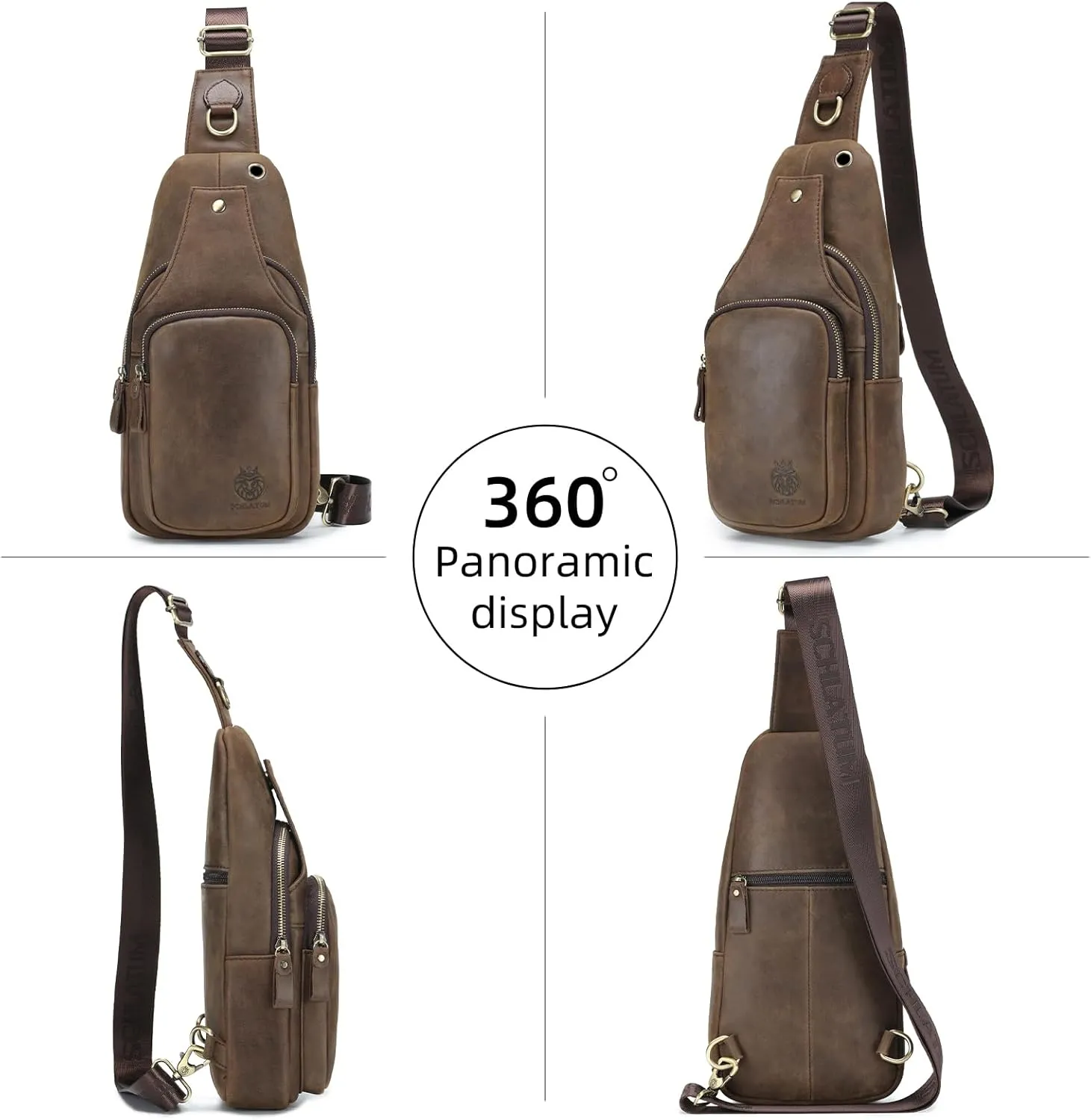 Sling Bag for Men Genuine Leather Small Crossbody Bag Men Casual Chest Bag Sling Backpack with USB Cable Hole, Coffee