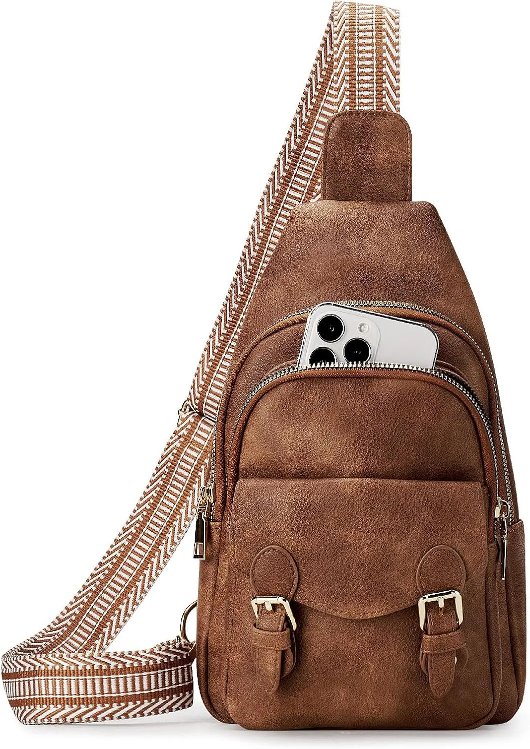 Sling Bag Small Fanny Pack Vegan Leather Crossbody Bags for Women Men Chest Bag Cross Body Backpack Travel Hiking Cycling Casual Adjustable Strap Purse, Camel