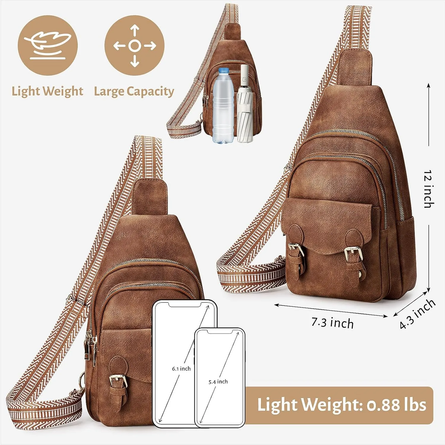 Sling Bag Small Fanny Pack Vegan Leather Crossbody Bags for Women Men Chest Bag Cross Body Backpack Travel Hiking Cycling Casual Adjustable Strap Purse, Camel