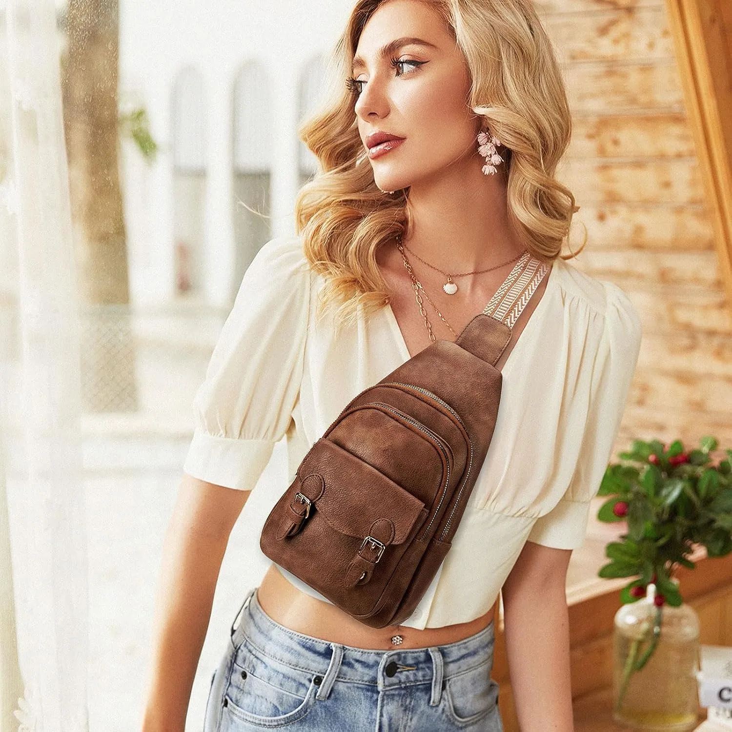 Sling Bag Small Fanny Pack Vegan Leather Crossbody Bags for Women Men Chest Bag Cross Body Backpack Travel Hiking Cycling Casual Adjustable Strap Purse, Camel