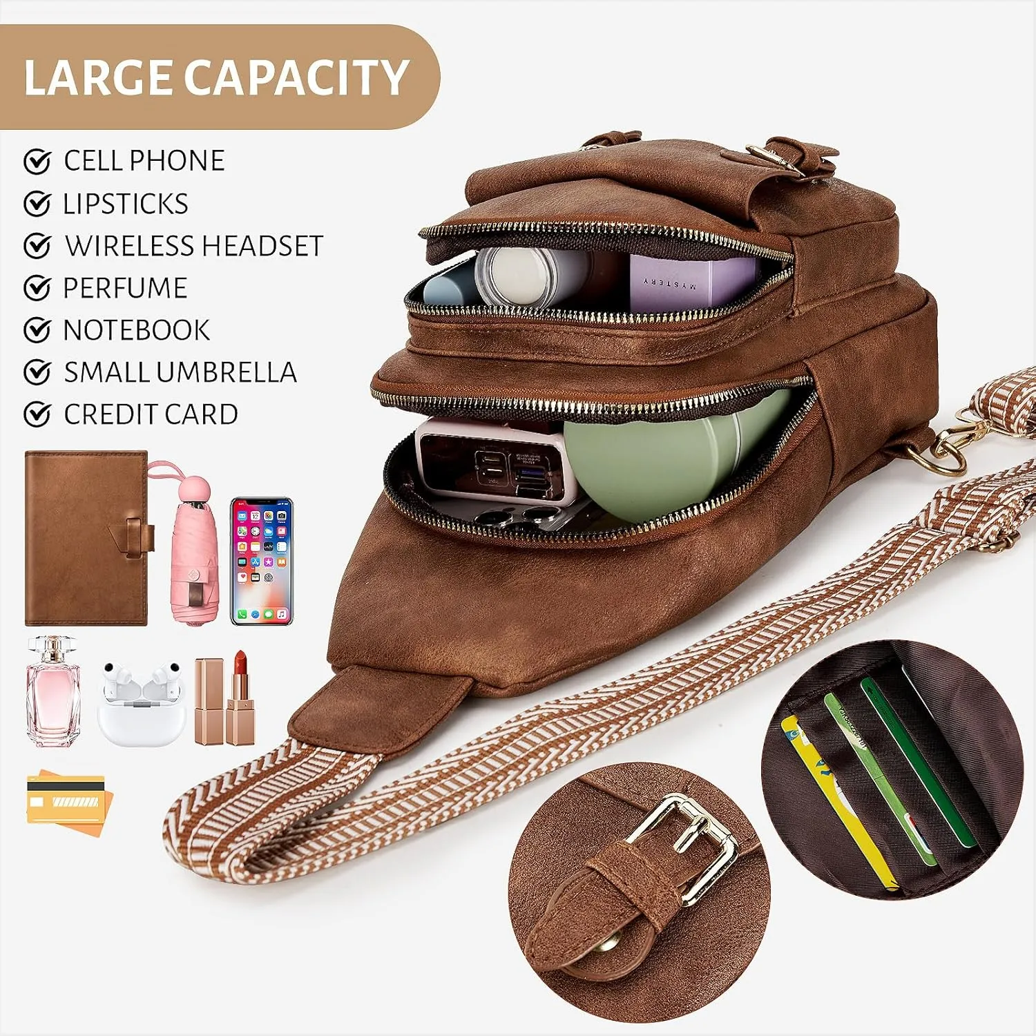 Sling Bag Small Fanny Pack Vegan Leather Crossbody Bags for Women Men Chest Bag Cross Body Backpack Travel Hiking Cycling Casual Adjustable Strap Purse, Camel