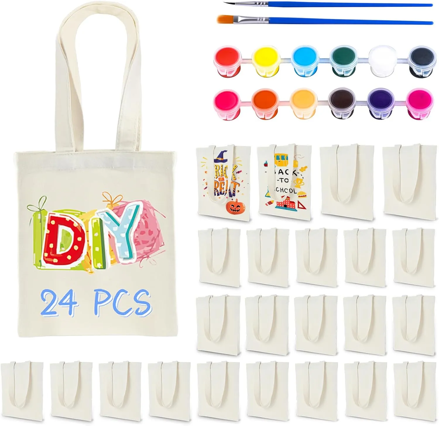 Small Canvas Tote Bags Bulk 24 Pack, Sublimation Tote Bags Blank with Acrylic Paint Set, Reusable Cotton Canvas Bags with Handles, Mini Tote Bag To Decorate DIY Crafts, 8"x8.6"