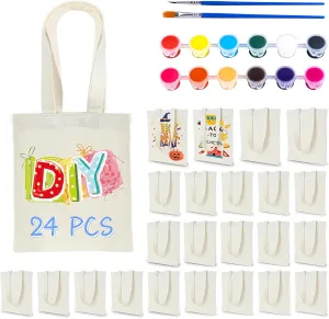 Small Canvas Tote Bags Bulk 24 Pack, Sublimation Tote Bags Blank with Acrylic Paint Set, Reusable Cotton Canvas Bags with Handles, Mini Tote Bag To Decorate DIY Crafts, 8"x8.6"