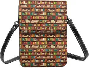 Small Crossbody Bags for Women, Leather Library Vintage Bookshelf Print Cell Phone Cross Body Bag Wallet Purses
