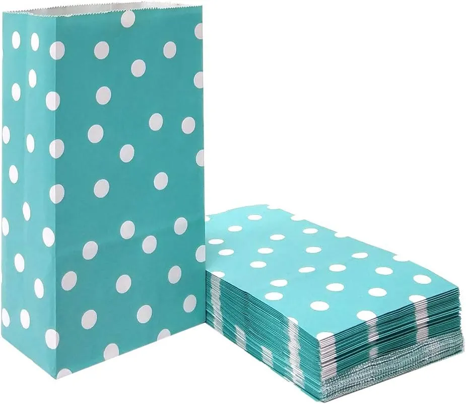 Small Goodie Bags Dot Paper Party Favor Bag Polka Dot Paper Lunch Bags for Snack Nuts Goodie for Baby Shower Kid's Birthday Wedding (5.1 x 3.1 x 9.4 in, Teal Blue, 50 CT)