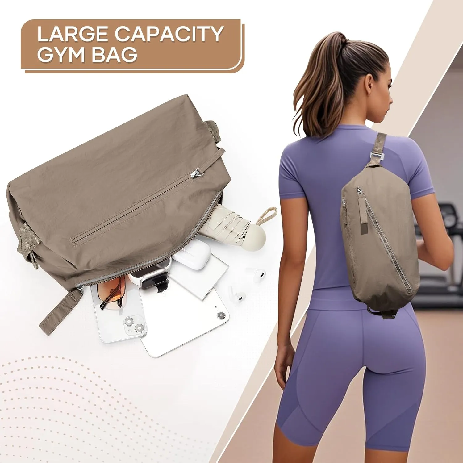 Small Gym Bag for Women, Mini Travel Duffle Bag with Two Ways to Carry, Waterproof Lightweight Backpacks Carry On Tote Bag for Sport, Workout, Swimming, Brown