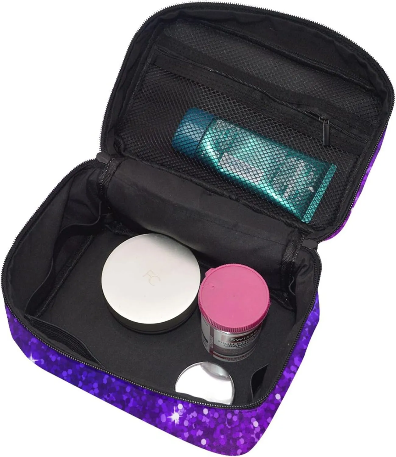 Small Makeup Organizer Bags Compatible with Beautiful Purple Bling Glitter Sparkles Pattern Toiletry Bag, Waterproof Oxford Cloth Portable Cosmetic Pouch for Women Office Outdoor