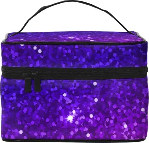 Small Makeup Organizer Bags Compatible with Beautiful Purple Bling Glitter Sparkles Pattern Toiletry Bag, Waterproof Oxford Cloth Portable Cosmetic Pouch for Women Office Outdoor