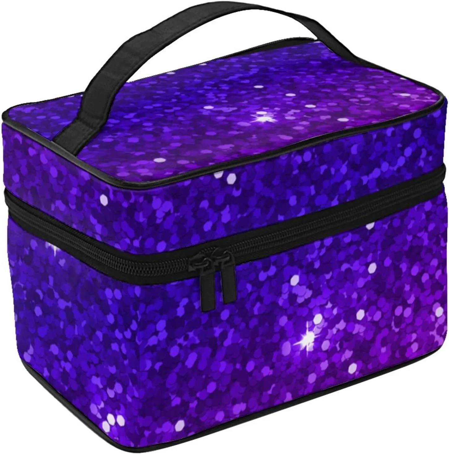 Small Makeup Organizer Bags Compatible with Beautiful Purple Bling Glitter Sparkles Pattern Toiletry Bag, Waterproof Oxford Cloth Portable Cosmetic Pouch for Women Office Outdoor