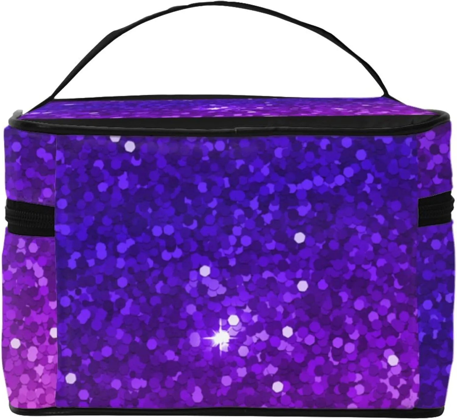 Small Makeup Organizer Bags Compatible with Beautiful Purple Bling Glitter Sparkles Pattern Toiletry Bag, Waterproof Oxford Cloth Portable Cosmetic Pouch for Women Office Outdoor