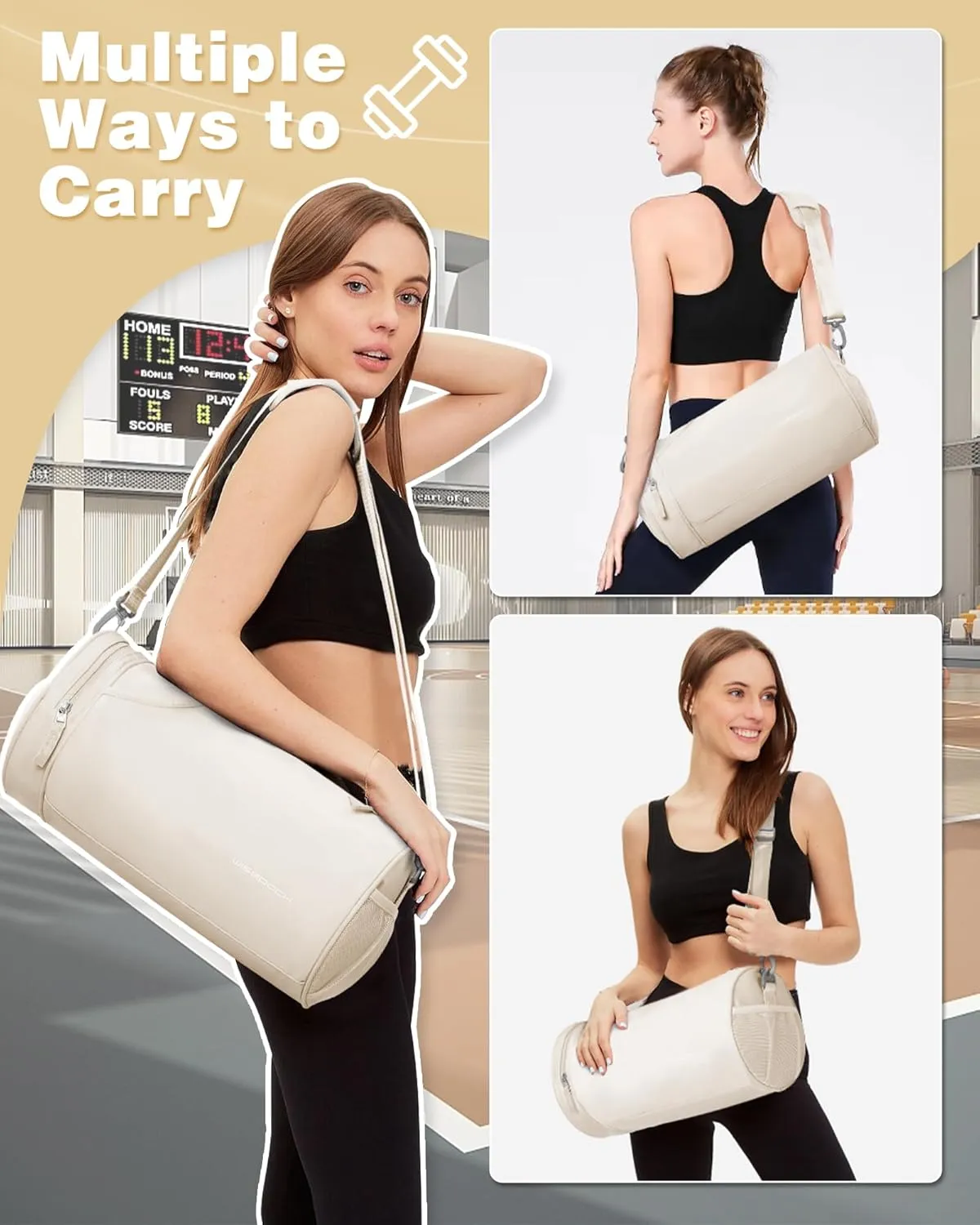 Small Women's Workout Bag - Waterproof Mini Duffle Gym Bag with Wet Pocket - Carry On Weekender for Dance, Swimming, Yoga, Fitness - White