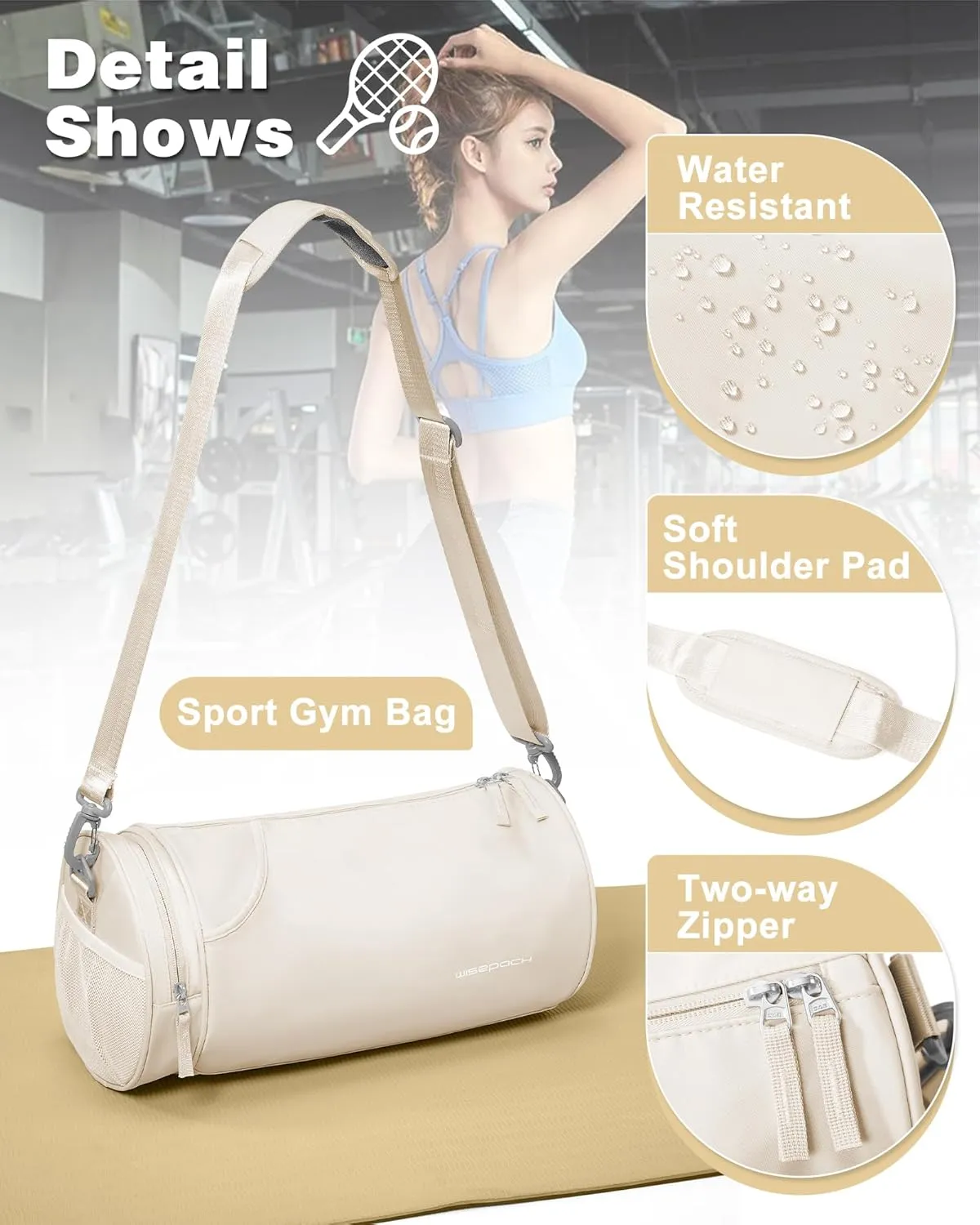 Small Women's Workout Bag - Waterproof Mini Duffle Gym Bag with Wet Pocket - Carry On Weekender for Dance, Swimming, Yoga, Fitness - White