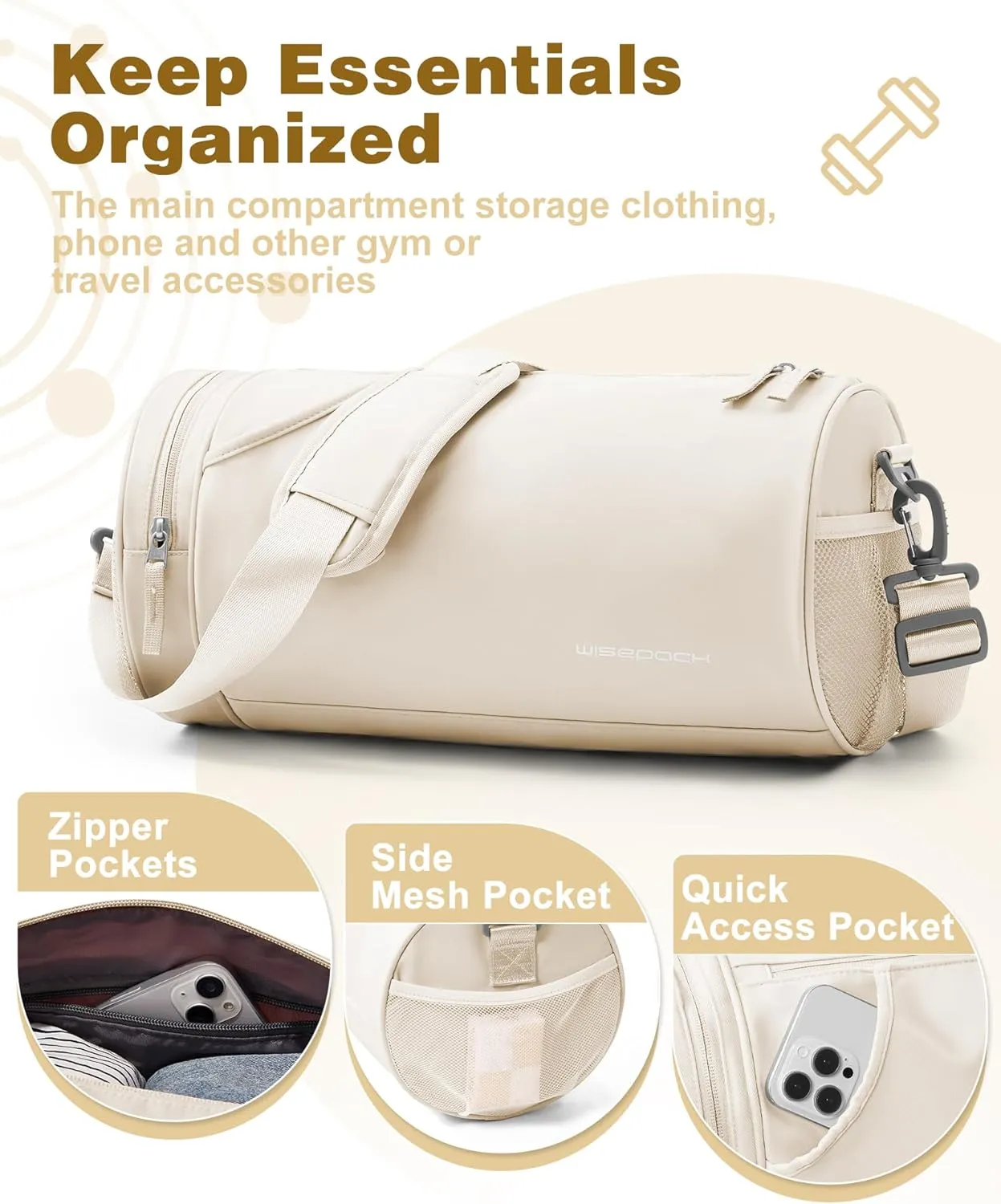 Small Women's Workout Bag - Waterproof Mini Duffle Gym Bag with Wet Pocket - Carry On Weekender for Dance, Swimming, Yoga, Fitness - White