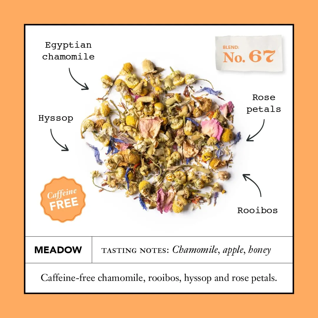 Smith Teamaker Meadow No. 67, Caffeine-Free, Sugar-Free, Sustainably Grown, Chamomile, Rooibos, Hyssop & Rose Petals Blend Tea Bags, 15 Sachets, 0.85oz each